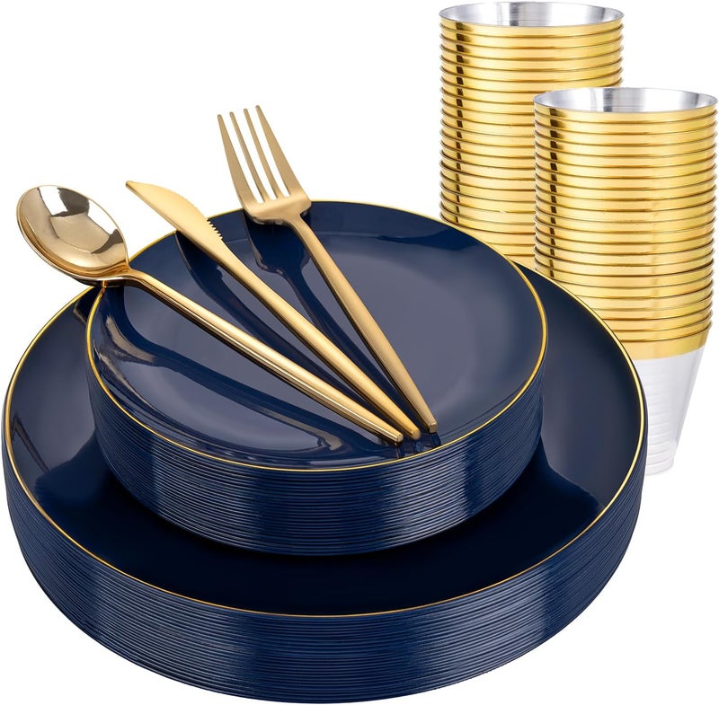 bUCLA 150PCS Blue and Gold Plastic Plates - 25 Guests Navy Blue Plastic Dinnerware Disposable for Party and Hanukkah - Include 25 Dinner/Dessert Plates, 25 Knives, 25 Forks, 25 Spoons, 25 Cups - Image 1